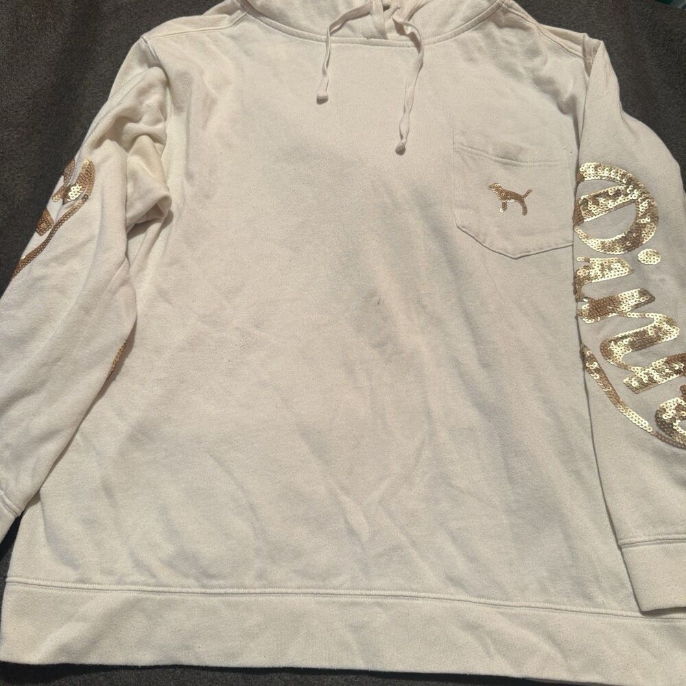 Victorias Secret Womens Sweater L Large White Gold Sequin Hoodie Pullover